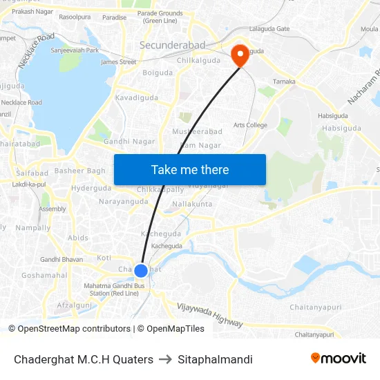 Chaderghat M.C.H Quaters to Sitaphalmandi map