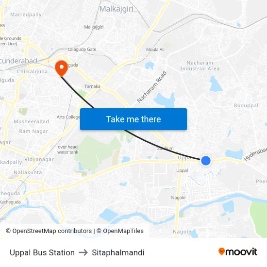 Uppal Bus Station to Sitaphalmandi map