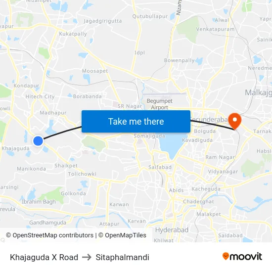 Khajaguda X Road to Sitaphalmandi map