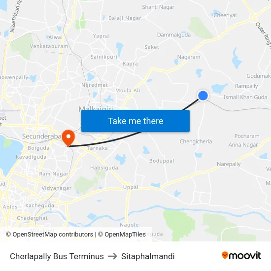 Cherlapally Bus Terminus to Sitaphalmandi map