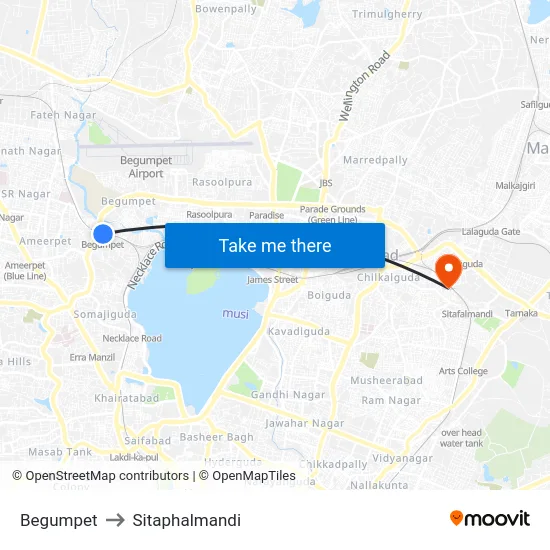 Begumpet to Sitaphalmandi map