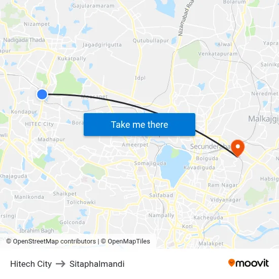 Hitech City to Sitaphalmandi map