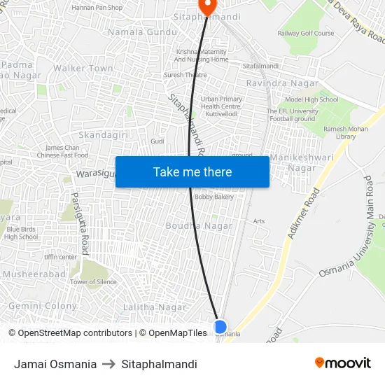 Jamai Osmania to Sitaphalmandi map