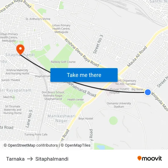 Tarnaka to Sitaphalmandi map