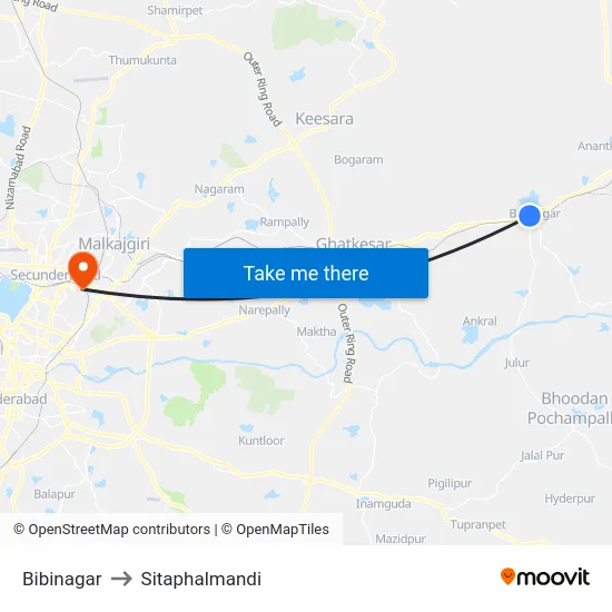 Bibinagar to Sitaphalmandi map