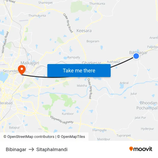 Bibinagar to Sitaphalmandi map