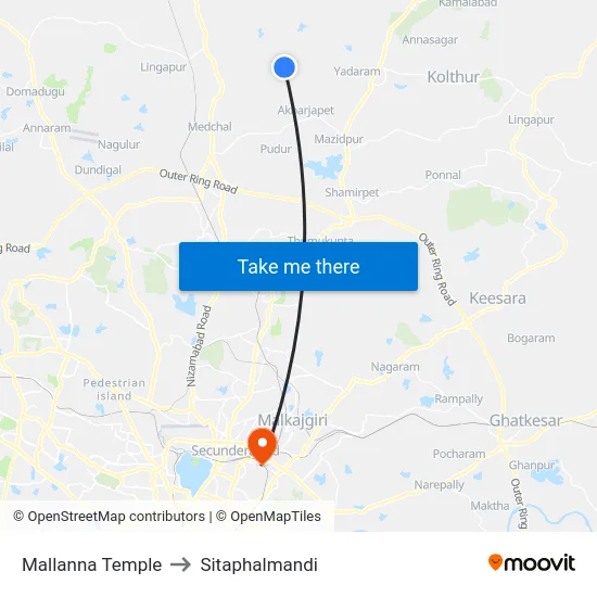 Mallanna Temple to Sitaphalmandi map