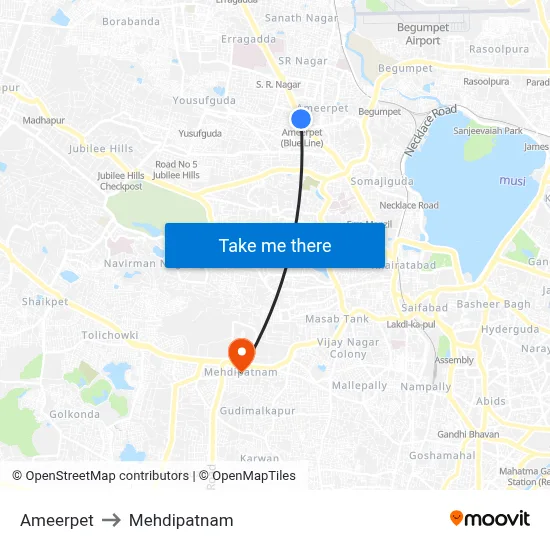 Ameerpet to Mehdipatnam map
