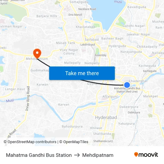 Mahatma Gandhi Bus Station to Mehdipatnam map