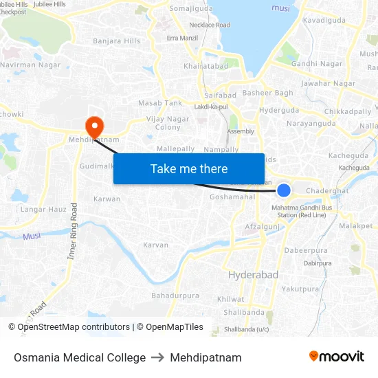 Osmania Medical College to Mehdipatnam map