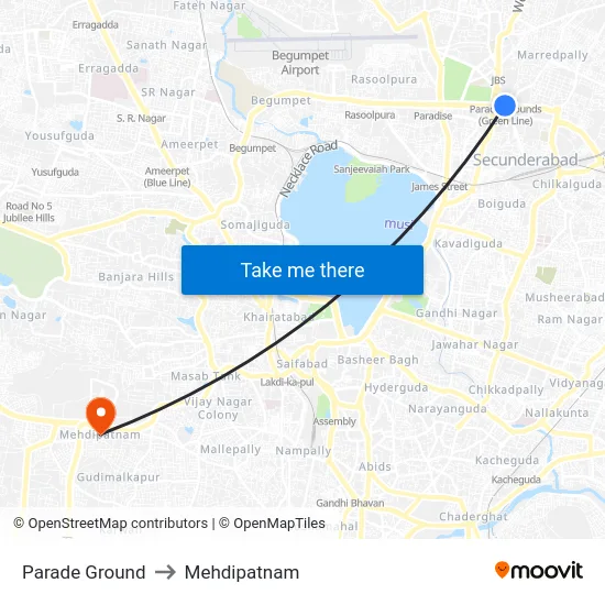 Parade Ground to Mehdipatnam map