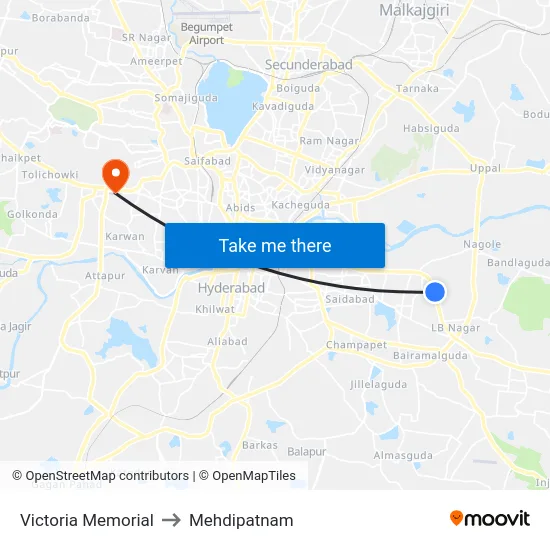 Victoria Memorial to Mehdipatnam map