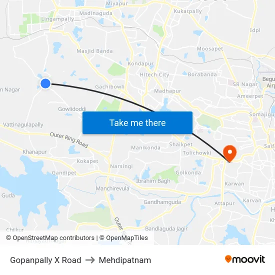 Gopanpally X Road to Mehdipatnam map