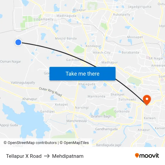 Tellapur X Road to Mehdipatnam map