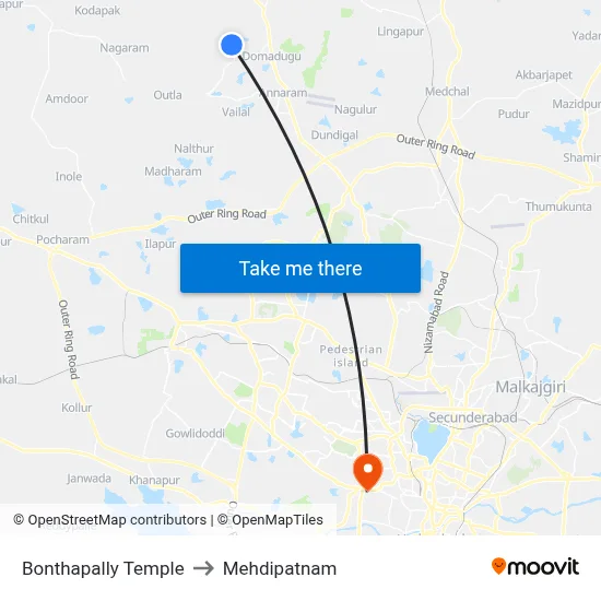 Bonthapally Temple to Mehdipatnam map