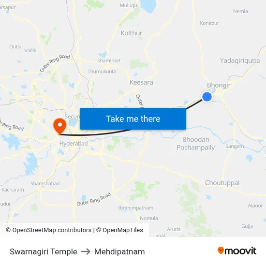 Swarnagiri Temple to Mehdipatnam map