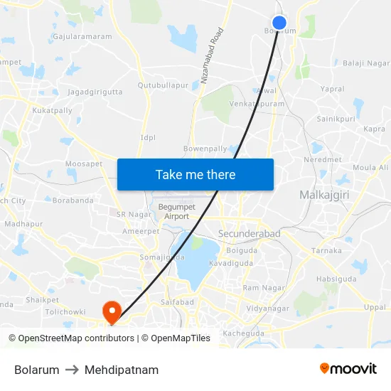 Bolarum to Mehdipatnam map