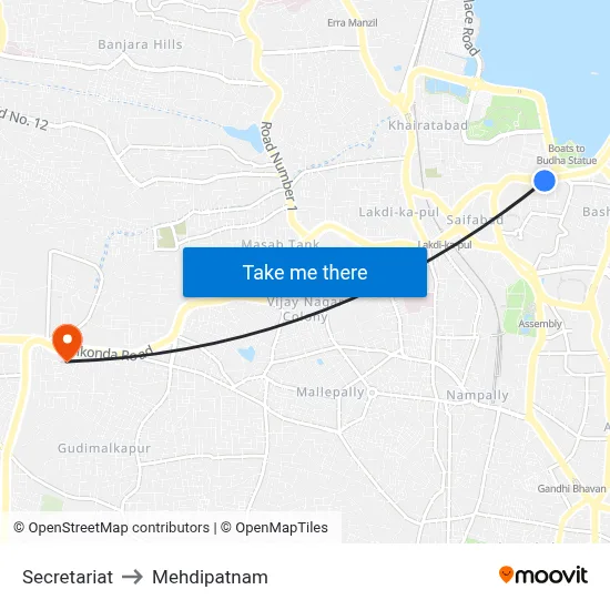 Secretariat to Mehdipatnam map