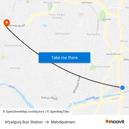 Afzalgunj Bus Station to Mehdipatnam map