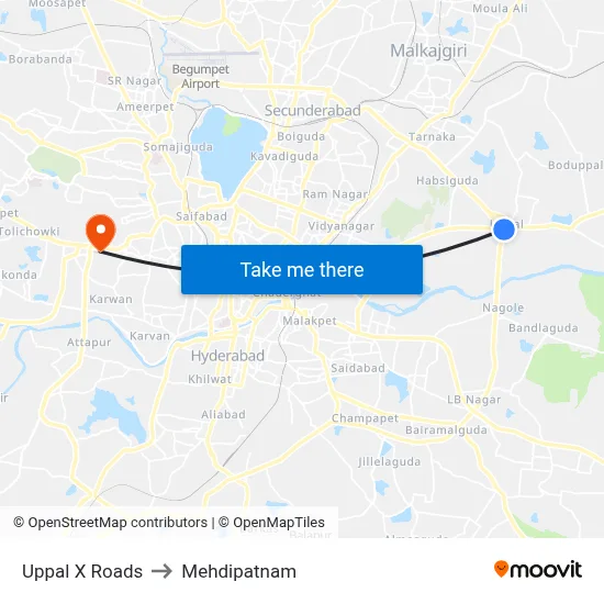 Uppal X Roads to Mehdipatnam map