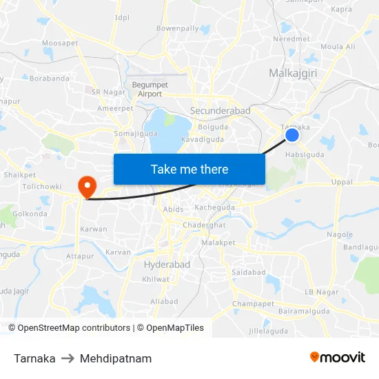 Tarnaka to Mehdipatnam map