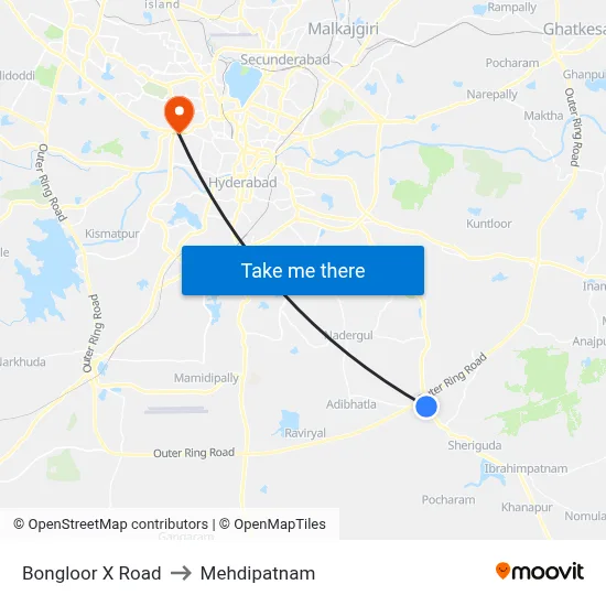 Bongloor X Road to Mehdipatnam map