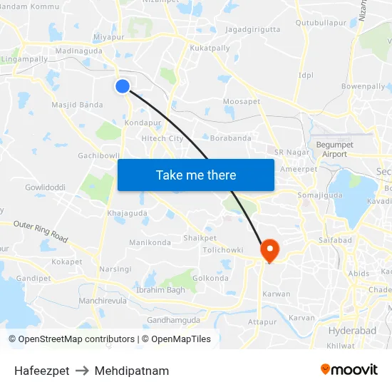 Hafeezpet to Mehdipatnam map