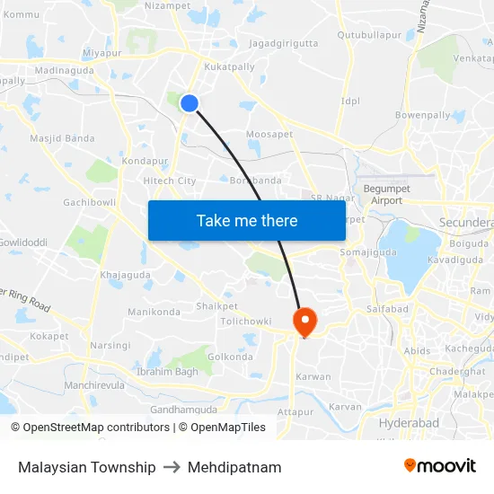 Malaysian Township to Mehdipatnam map