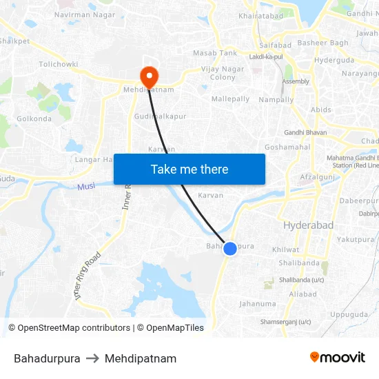 Bahadurpura to Mehdipatnam map