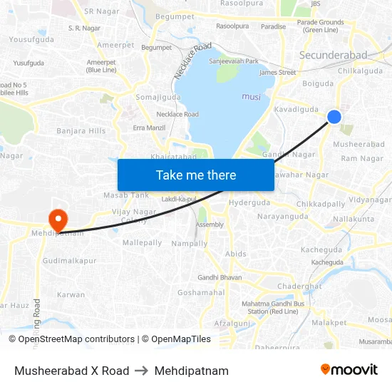 Musheerabad X Road to Mehdipatnam map