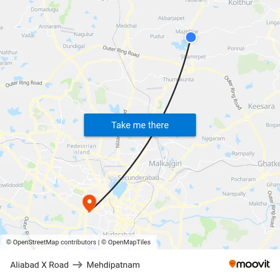 Aliabad X Road to Mehdipatnam map