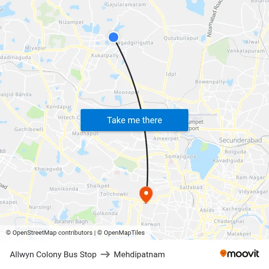 Allwyn Colony Bus Stop to Mehdipatnam map