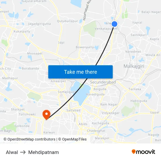 Alwal to Mehdipatnam map