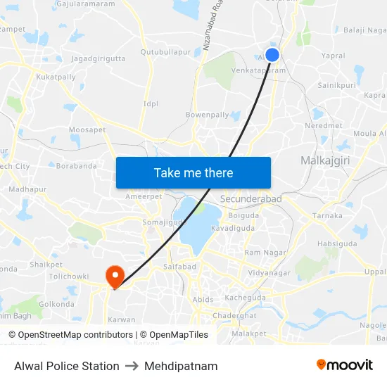 Alwal Police Station to Mehdipatnam map