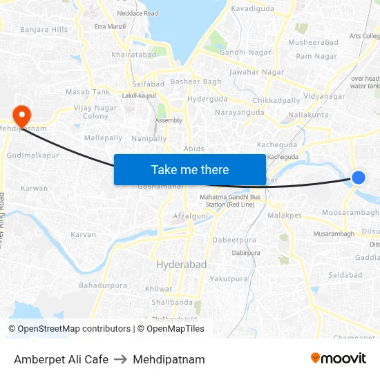 Amberpet Ali Cafe to Mehdipatnam map