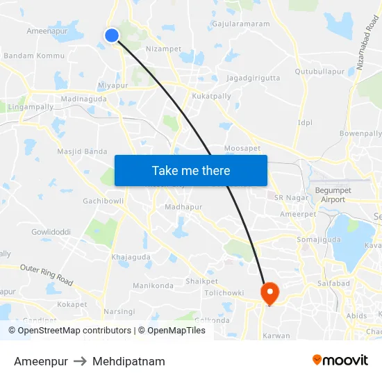 Ameenpur to Mehdipatnam map