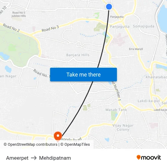 Ameerpet to Mehdipatnam map