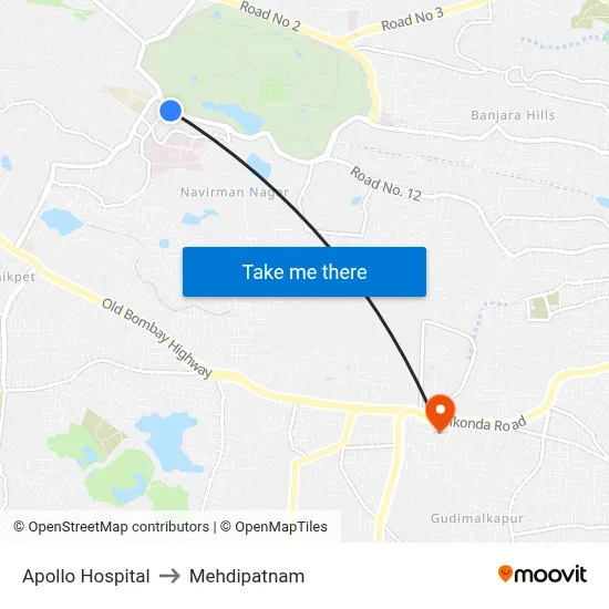 Apollo Hospital to Mehdipatnam map