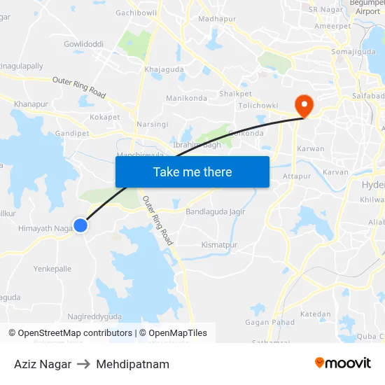 Aziz Nagar to Mehdipatnam map