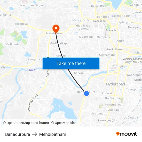 Bahadurpura to Mehdipatnam map