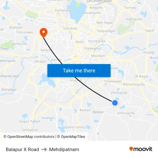 Balapur X Road to Mehdipatnam map