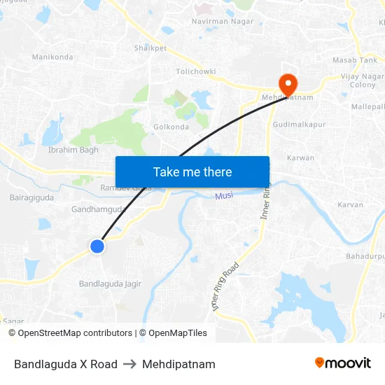 Bandlaguda X Road to Mehdipatnam map