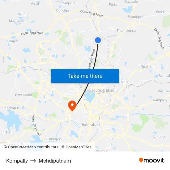 Kompally to Mehdipatnam map