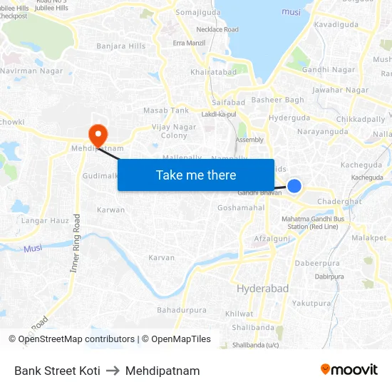 Bank Street Koti to Mehdipatnam map