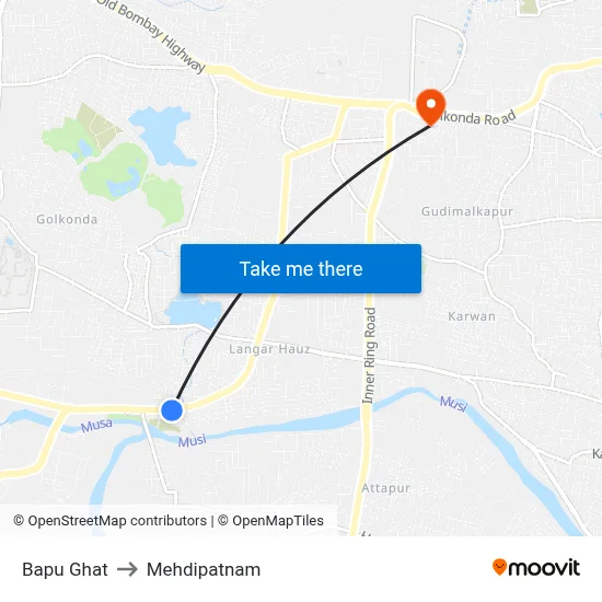 Bapu Ghat to Mehdipatnam map