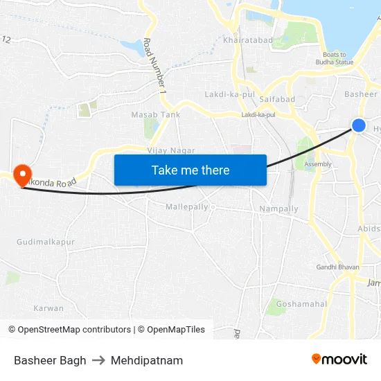 Basheer Bagh to Mehdipatnam map