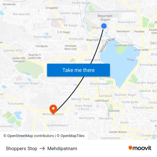 Shoppers Stop to Mehdipatnam map