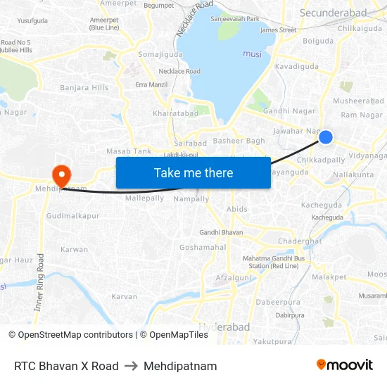 RTC Bhavan X Road to Mehdipatnam map
