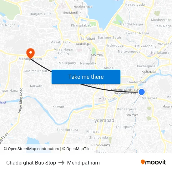 Chaderghat Bus Stop to Mehdipatnam map