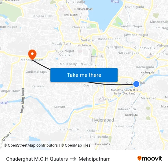 Chaderghat M.C.H Quaters to Mehdipatnam map